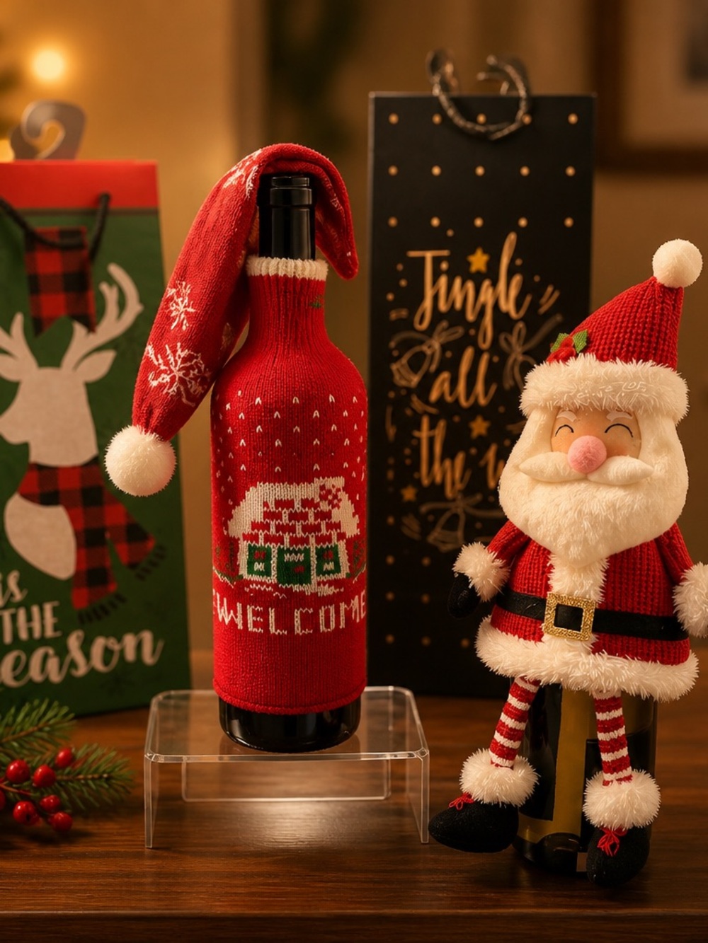 5 Festive Red Knit Wine Bottle Cover with Santa Hat & Wine Bags. Holiday Welcome